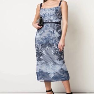 Marchesa Navy and Light Blue Lace Midi Dress